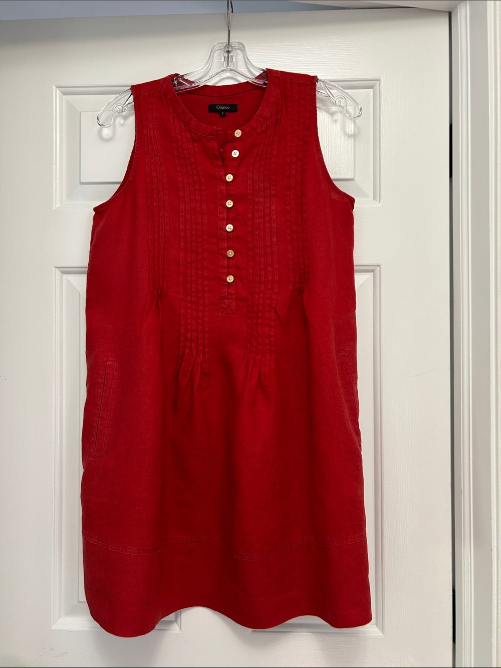 Quince Red Sleeveless Pintuck Button-Front Linen Dress